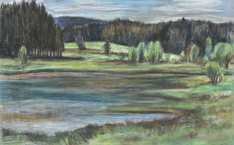 Rudolf Manuwald, Weite Landschaft, 1987. Pastell mit Blick vom Uferrand über einen Teich, dahinter einzelne Bäume und Baumgruppen vor einem Waldstück und Bergrücken im Hintergrund, blau-grüne Farbgebung