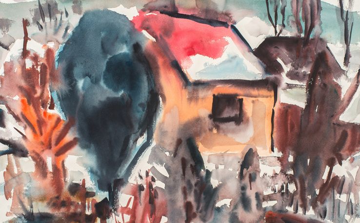 Locker ausgeführtes Aquarell mit einem Haus im Mittelpunkt des Bildes, umgeben von Bäumen und Sträuchern, alles in verschneiter, winterlicher Atmosphäre, graue, bräunliche und bläuliche Töne vorherrschend mit wenigen roten und orangenen Akzenten