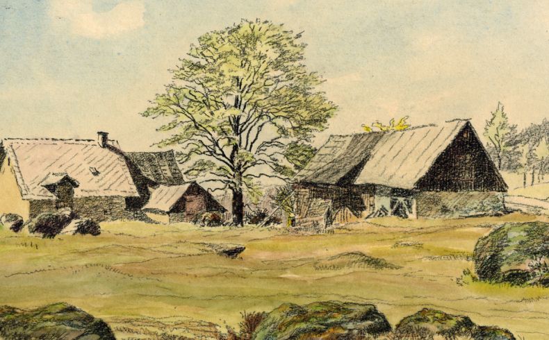 Arthur Fleckeisen, Ullersloh, 1939. Realistisch ausgeführte aquarellierte Zeichnung einer typisch erzgebirgischen Häusergruppe, im Bildzentrum ein großer Laubbaum, vorn mehrere große Steine, helle Grün- und Ockertöne, sommerliche Stimmung