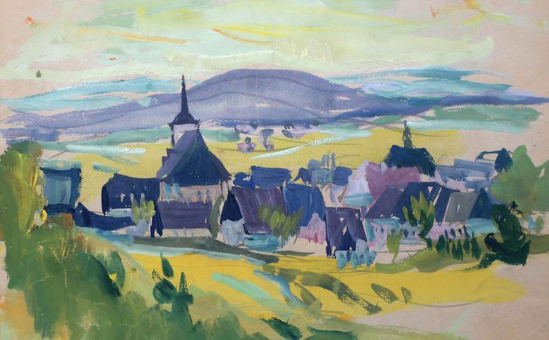 Alfred Hofmann-Stollberg, Gottesgab/Bozi Dar, undatiert. Blick auf Dorf mit markanten Kirche, im Hintergrund ein markanter Bergrücken, fleckig-lockere Malweise, die Häuser in Blau- und Violetttönen, Felder und Wiesen dazwischen in gelben und grünen Tönen