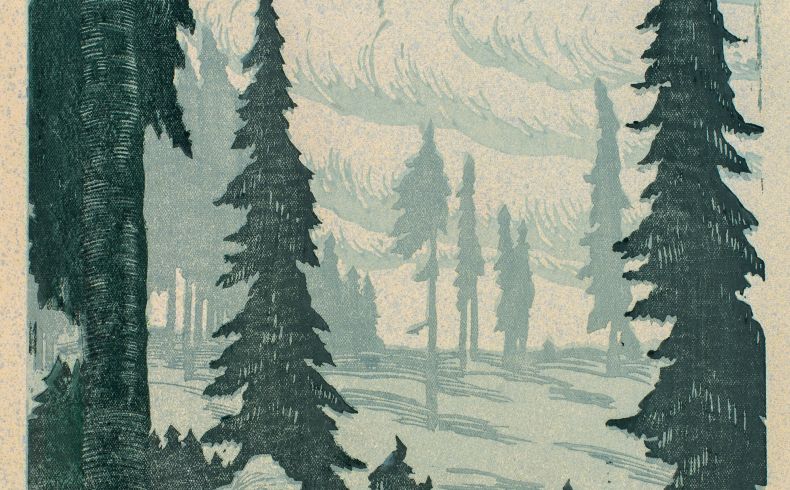 Walther Matzdorff, Winterwald, 1927. Linolschnitt in blauer und grauer Farbgebung, Blick über einen verschneiten Weg auf einzelne dunkle Fichtenbäume, im Hintergrund hellere Bäume und angedeutete Wolken