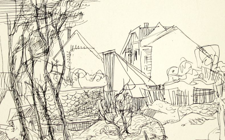 Locker ausgeführte Landschaftsstudie mit Häusern und Schuppen, im Vordergrund links vier größere geneigte Laubbäume