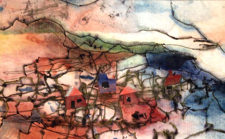 Relativ abstrahiertes Landschaftsaquarell mit schwarzen Linien und überwiegend rot-blauer Farbgebung, kleine Häuser im Vordergrund, nach hinten zu Bergformationen