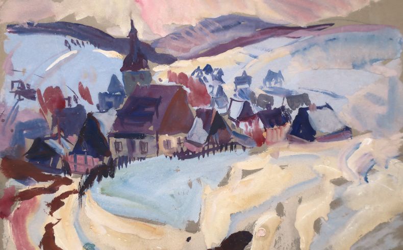 Alfred Hofmann-Stollberg, Horni Blatna, undatiert. Blick auf ein verschneites Dorf am Erzgebirgskamm mit kleinen Häusern und einer markanten Kirche, fleckenartiger Farbauftrag in schmutzig-weißen, hellblauen, violetten und braunen Tönen, frostige Stimmung