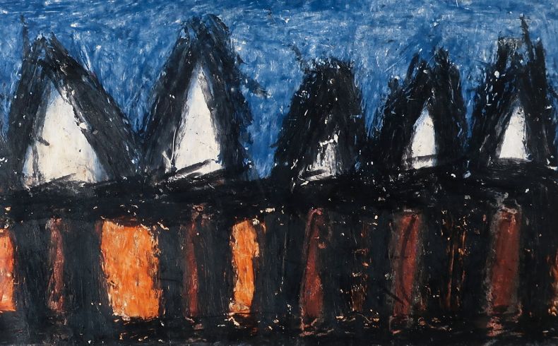 Etwa sechs aneinandergereihte Häuser in einfacher Umrisszeichnung mit kräftiger schwarzer Kontur; leuchtend orange "Fenster" und weiße Dächer vor einem blauen Hintergrund