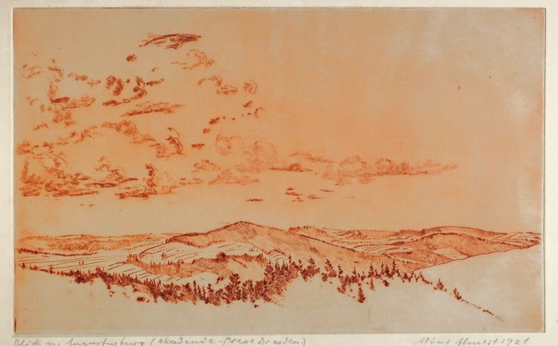 Artur Ahnert, Augustusburg, 1921. Weiter Blick auf die Augustusburg über Berge und Wald hinweg, feine, gestrichelte Ausführung in rötlichem Ockerton