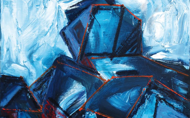 Expressives Gemälde mit an Gesteinsformationen erinnernden kubischen Formen in verschiedenen Blautönen, von oragen und scharzen Linien durchsetzt, vor einem blau-weißen Hintergrund