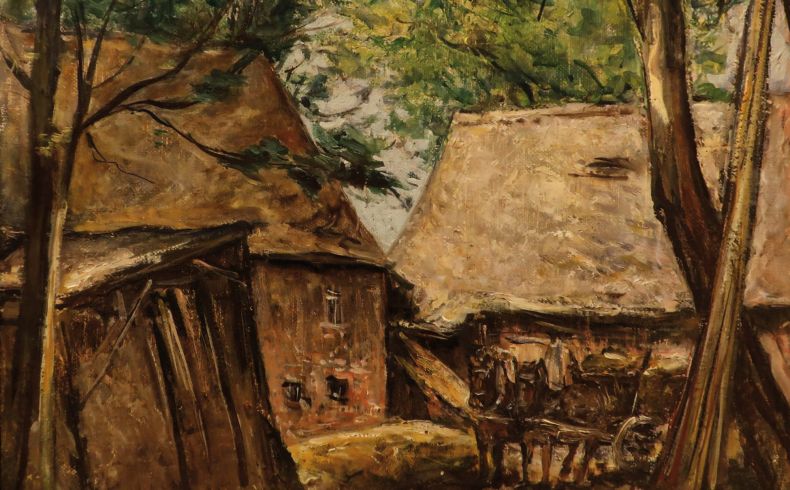 Spätimpressionistisches Gemälde in braun-grüner Farbstimmung; Blick in einen Innenhof eines Bauerngutes mit einem Pferdegeschirr im Vordergrund