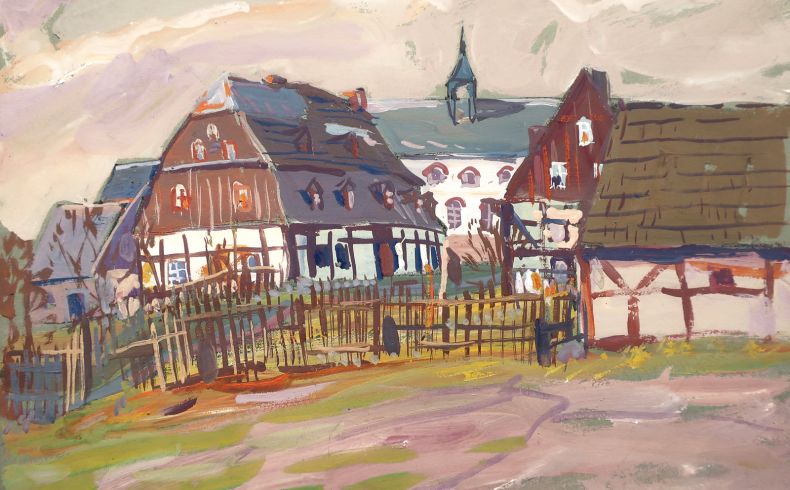 Alfred Hofmann-Stollberg. Hinter einem Zaun verschiedene Fachwerkhäuser, groß gebaut und mit hohem Mansarddach und Fenstergauben, im Hintergrund ein helles Gebäude mit einem Dachreiter, fleckig-lockerer Farbauftrag mit grünen, violetten und braunen Tönen