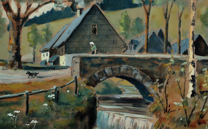 Robert Paul Geißler, Erzgebirgslandschaft bei Glauchau, 1941. Sommerliche Erzgebirgslandschaft mit einer alten Steinbrücke über einen kleinen Fluß im Mittelpunkt, im Hintergrund Häuser und Bäume, auf der Brücke eine Frau und vor ihr ein kleiner Hund