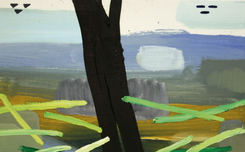 Abstrahierte Landschaft, fleckenartig mit breiten Pinselzügen ausgeführt, zentral im Bild ein dunkler Baumstamm, im Vordergrund grünliche und gelbliche Streifen