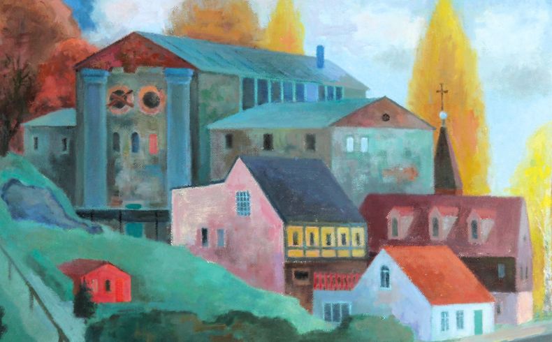 Dieter Gantz, Spinnmühle Schlettau, 2006. Blick über eine Straße auf verschiedene Gebäude und eine alte Fabrik, in Pastelltönen, die Bäume rötlich und und gelblich gefärbt, Herbststimmung