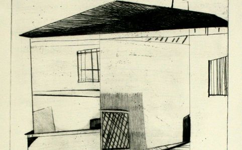 Meike Georgi, Hausfront, 2000. Verschachtelte Hausfront mit verschiedenen Fenstern und Türen, in unterschiedlich starken, schwarzen bis grauen Linien auf weißem Grund ausgeführt