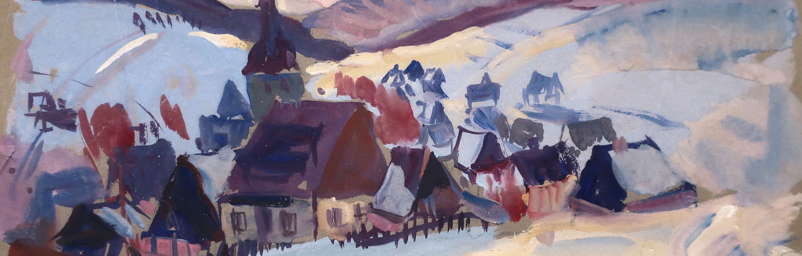 Alfred Hofmann-Stollberg, Ohne Titel, undatiert. Blick auf ein Erzgebirgsdorf im Winter, im Zentrum eine Kirche mit markantem Turm, im Hintergrund Bergrücken, fleckige Malweise in Hell- und Dunkelblau, Violett und schmutzigem Weiß