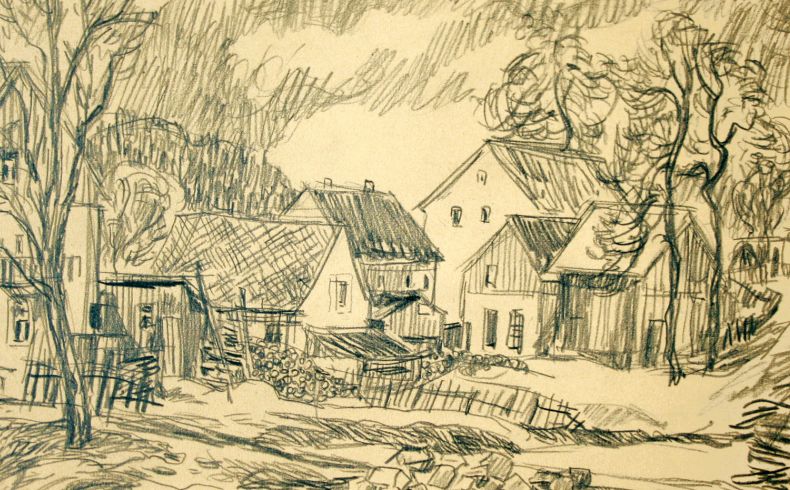 Locker ausgeführte Landschaftsstudie mit Erzgebirgshäusern, Scheunen und Schuppen sowie großen Laubbäumen, im Vordergrund ein Weg mit einem Passanten am linken Rand, rechts ein Holzstapel