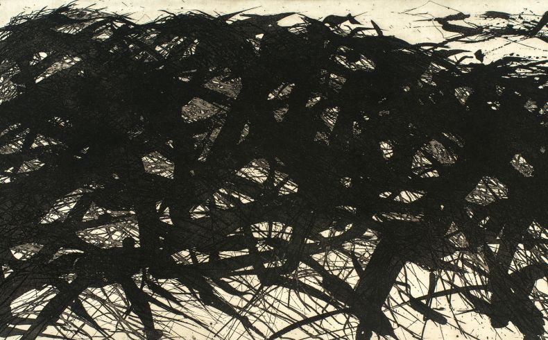 Expressiv-gestische Grafik in Schwarzweiß mit gekreuzten Strukturen aus unterschiedlich breiten Strichen, die an einen Berg erinnert
