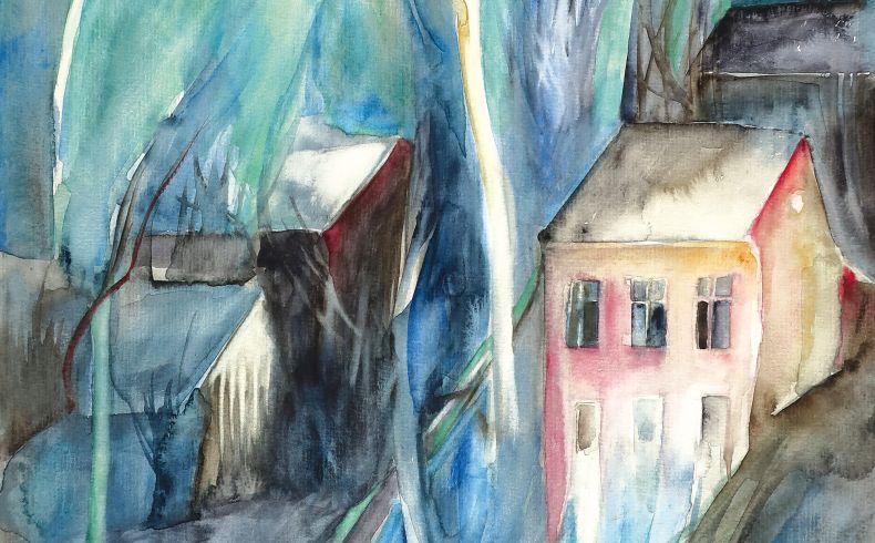 Aquarell in blau-grüner Grundstimmung, am rechten Bildrand ein rosafarbenes Haus, hohe Horizontlinie, davor markant schlanke, kahle Bäume, links kleinere Gebäude